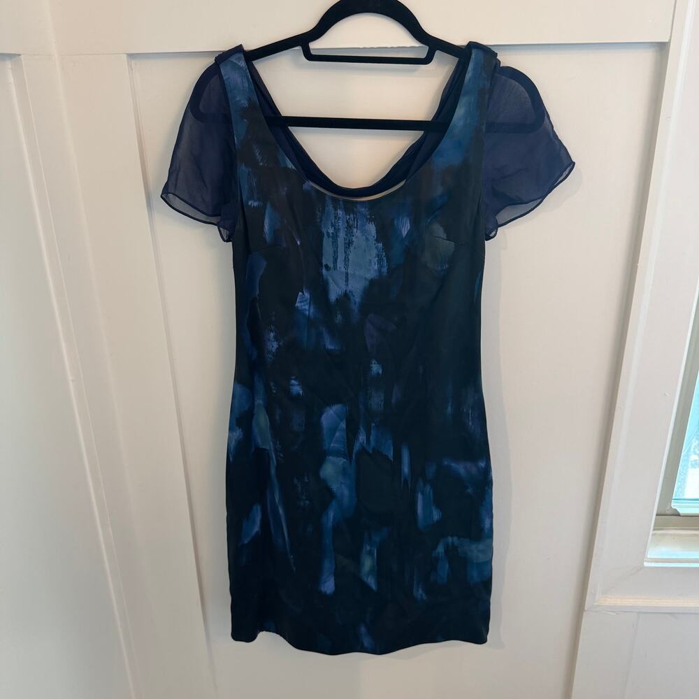 Elie Tahari Navy Abstract Print Cowl Neck Silk Sheath Dress Size 4 Cocktail